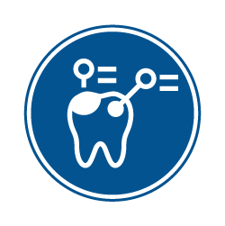 The image displays a stylized blue icon with a white dental tooth symbol at the center, surrounded by various icons representing scientific concepts such as atoms, chemical structures, and mathematical equations, suggesting a theme related to dental science or research.
