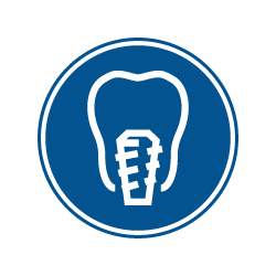 The image displays a blue circular icon with a white border containing a graphic of a toothbrush inside a stylized mouth, which is commonly associated with dental hygiene.