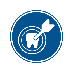 The image shows a blue icon with a white arrow pointing towards a white tooth with a hole in it, indicating dental care or issues, accompanied by an illustration of a drill bit, suggesting a dental procedure or treatment.