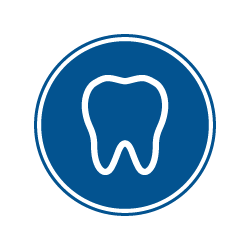 The image displays a stylized icon of a tooth within a circular blue badge with a white border.