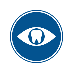 The image features a circular icon with a blue background and a white border containing a stylized toothbrush on the left side, an eye symbol on the right side, and a central white circle with a blue cross inside it.