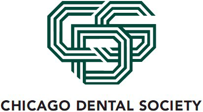 The image displays a logo consisting of a stylized letter  C  with an interlocking design within its center, forming a cohesive emblem. Below this graphic is text that reads  CHICAGO DENTAL SOCIETY.